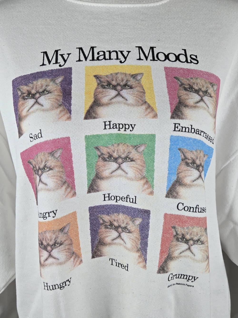 Vintage 90s Peacock Papers My Many Moods Cat Sweatshirt White XL - Picture 5 of 7